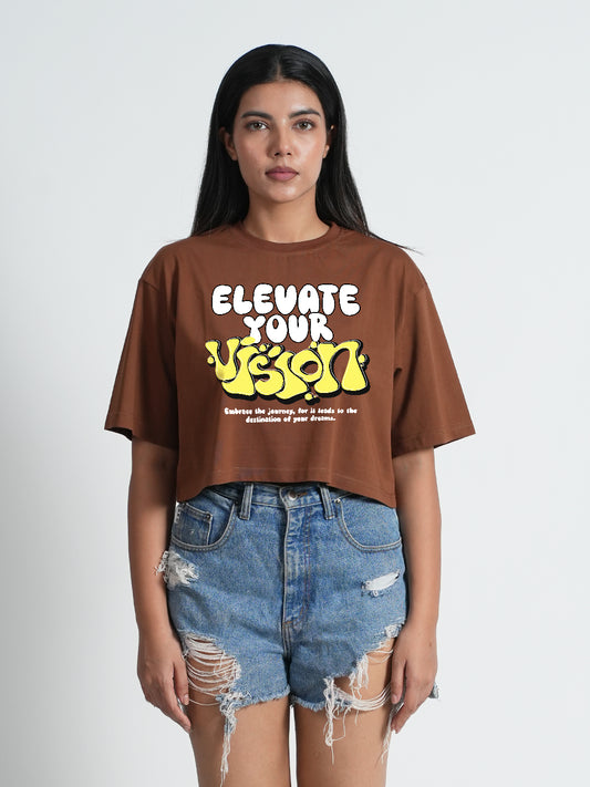 Elevate Your Vision Brown Trendy Graphic Printed Crop Top For Women