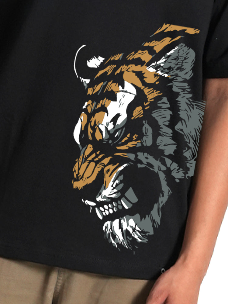 TIGER GRAPHIC PRINT BLACK OVERSIZED T-SHIRT