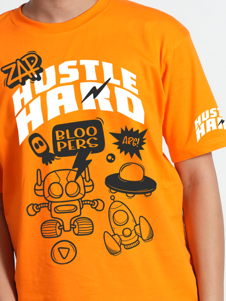 HUSTLE HERO GRAPHIC PRINT ORANGE OVERSIZED T-SHIRT