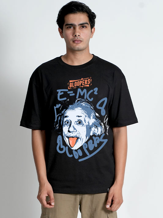 Bloopers E=MC'2 Black Graphic Printed Oversized T shirt For Men