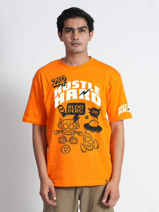 Hustle Hard Orange Oversized Drop shoulder T-shirt for Mens